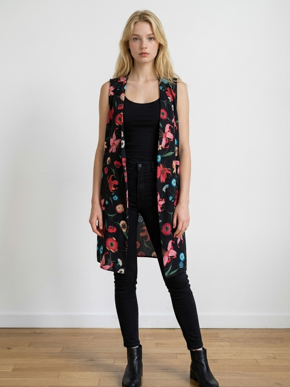 Pleione Black Floral Sleeveless Kimono Vest with Pink & Red Flowers
